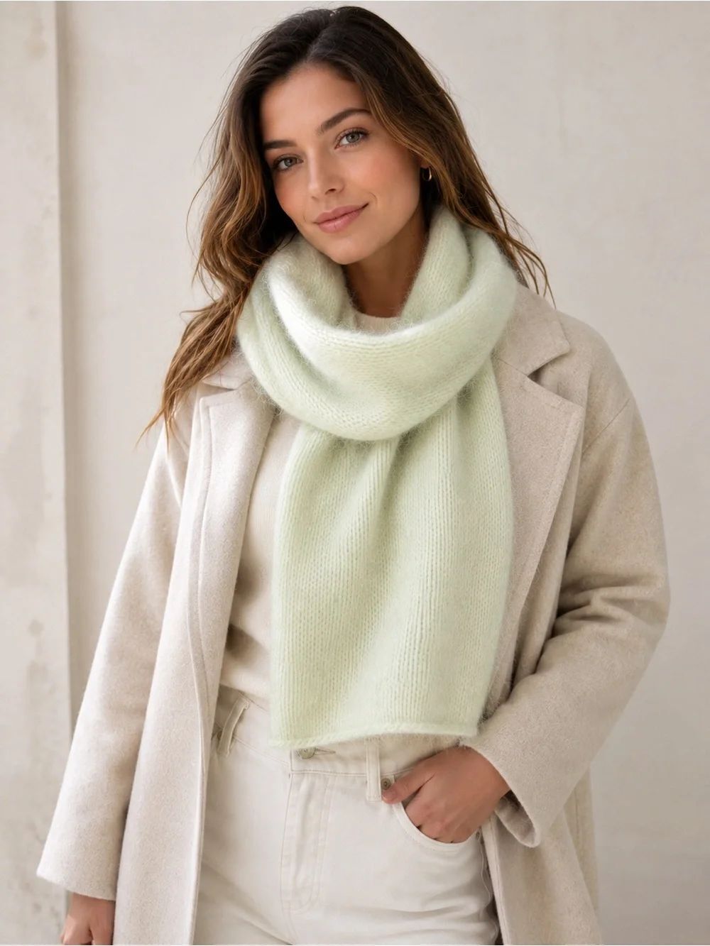 Esprit Pale Green Angora Blend Knit Scarf Soft Fuzzy Winter Wrap 14.5x60 Vintage